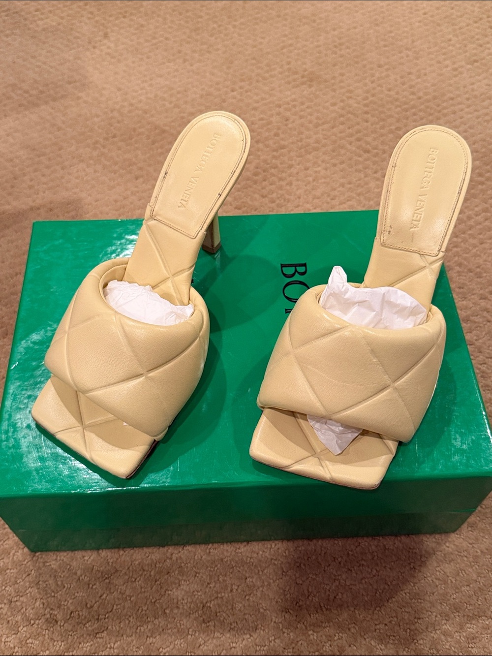 Bottega Veneta Quilted Padded Leather Mules in Pale Yellow